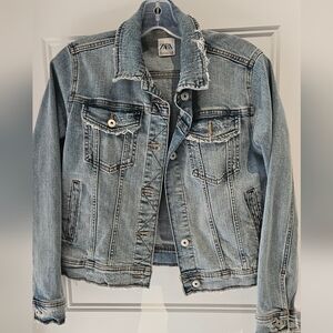 Zara Light Blue Distressed Denim Trucker Jacket